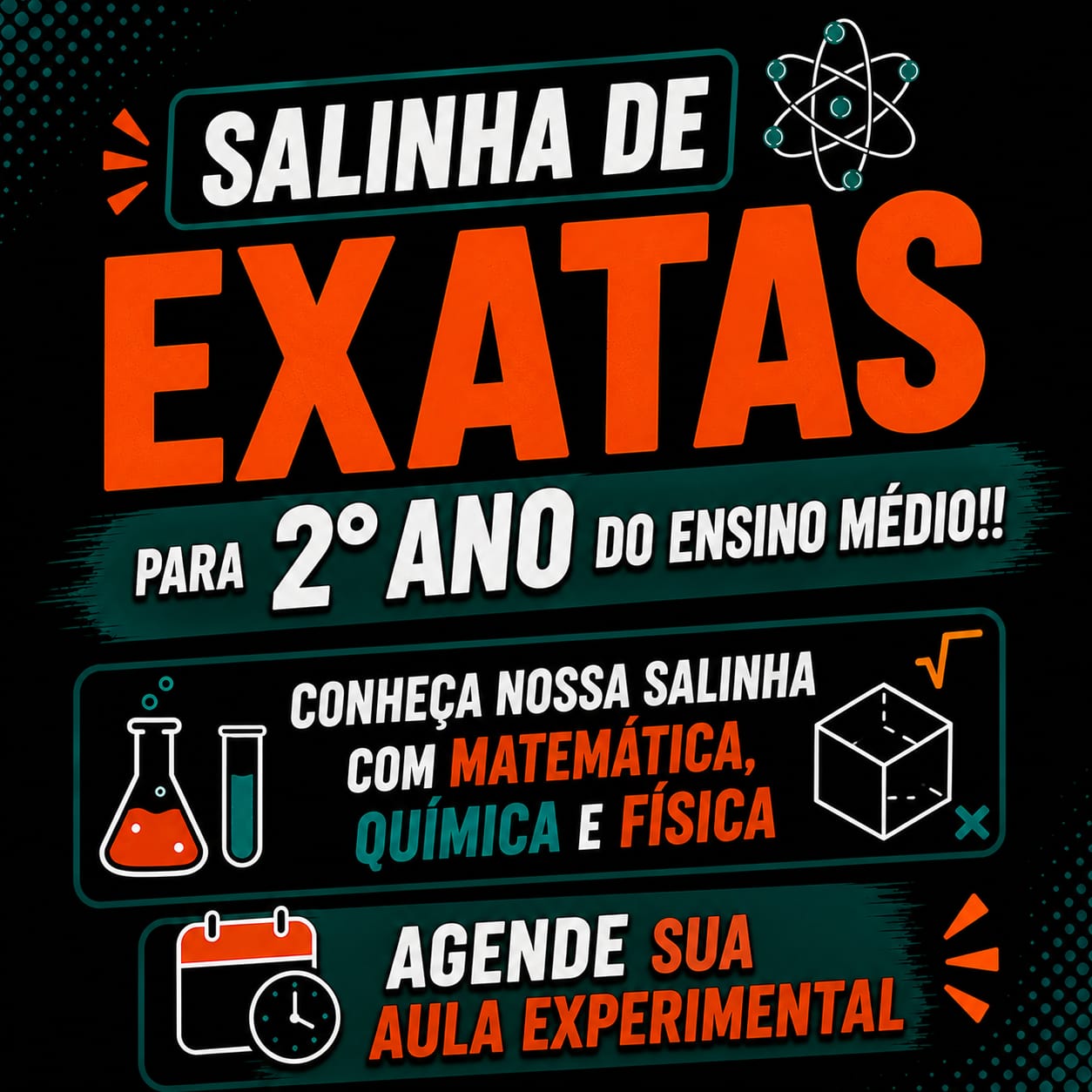 Material do Simplifica sobre a salinha de exatas para o 2º ano do Ensino Médio, com Matemática, Física e Química.